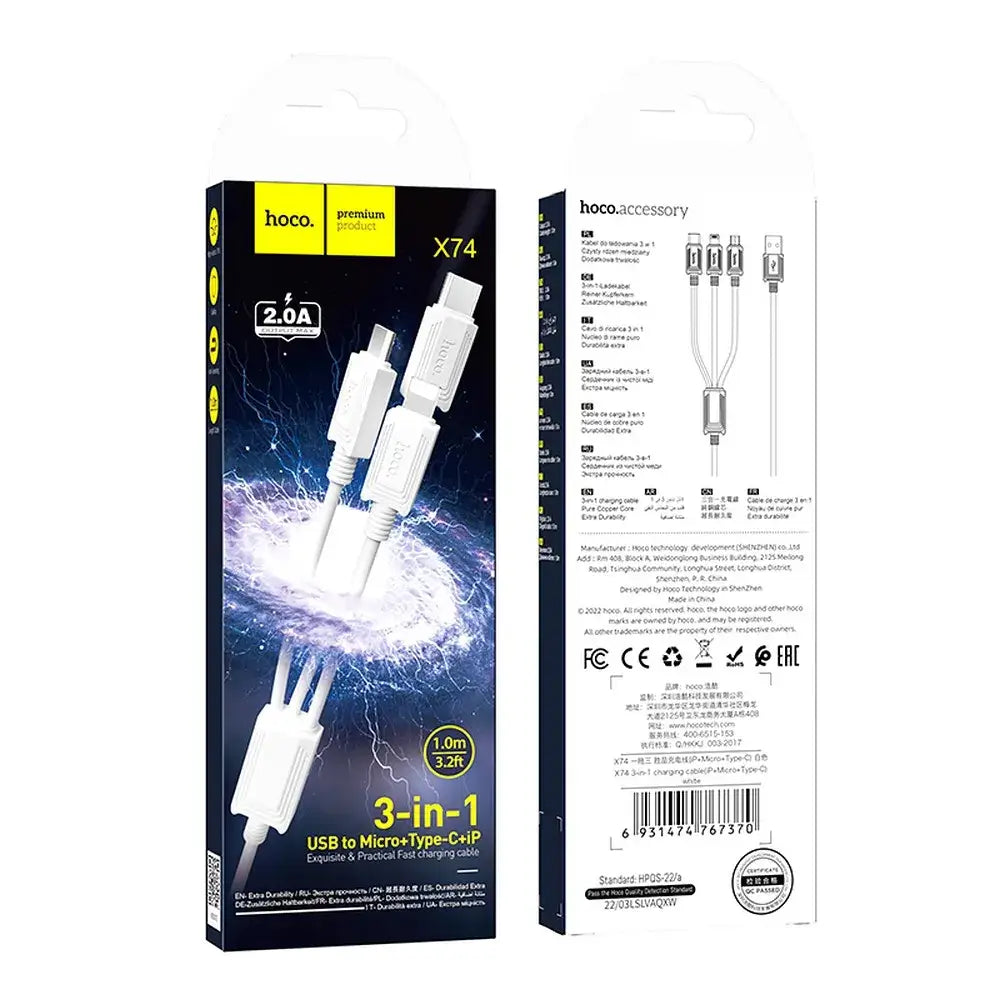Hoco X74 3in1 USB Kabel 1m Lightning Micro USB USB-C Weiß - MIZO.at