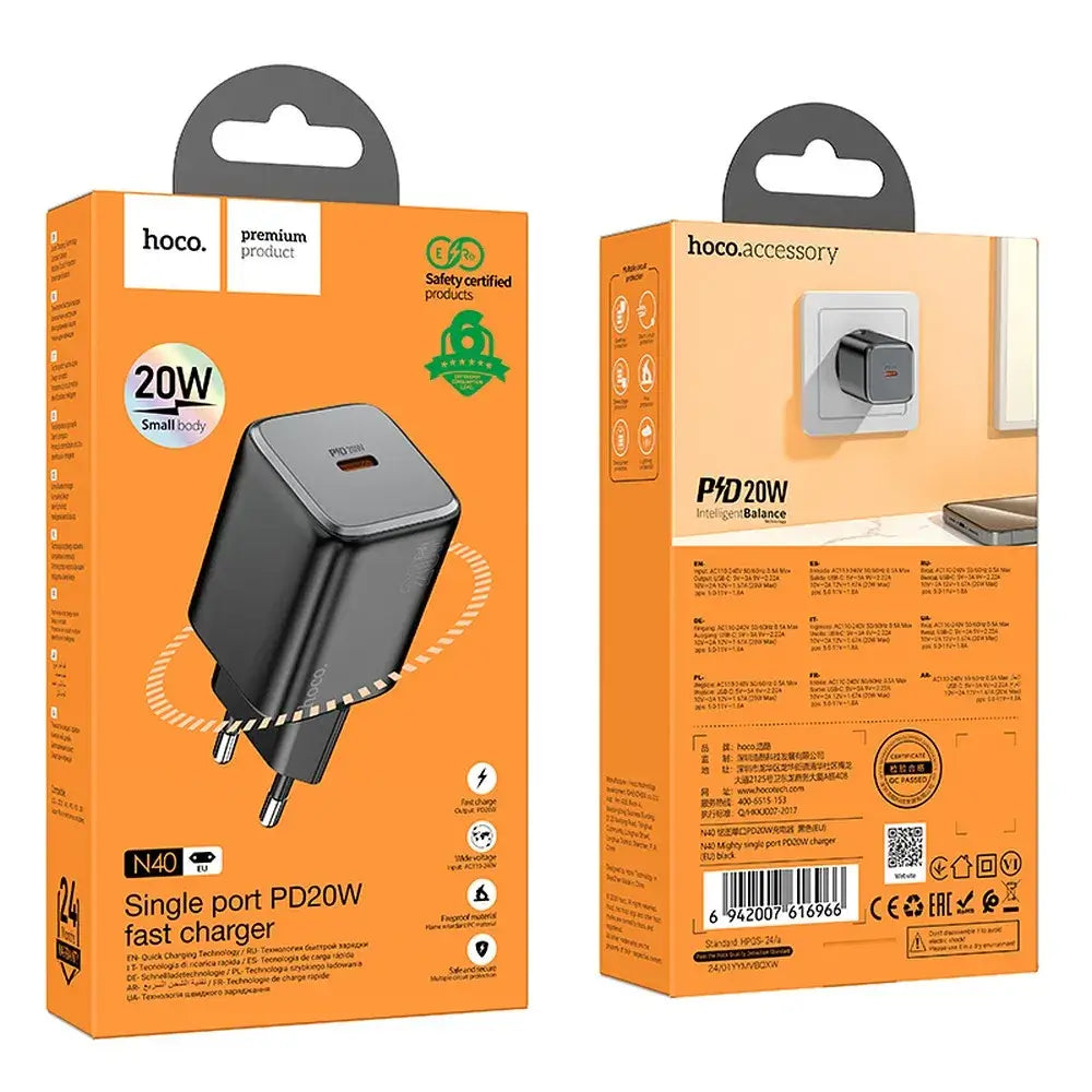 Hoco USB-C QC PD 20W N40 Schnellladegerät Schwarz - MIZO.at