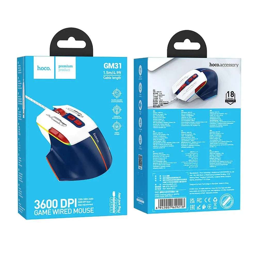 HOCO Gaming USB-A Maus 3600 DPI Kabelgebunden Weiß-Blau - MIZO.at