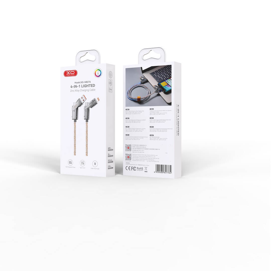XO NB276 4-in-1 Ladekabel 60W, 1m – USB-C/Lightning/Micro-USB, Grau - MIZO.at