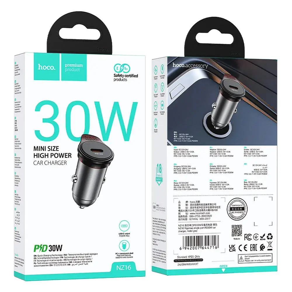 Hoco Auto-Ladegerät USB-C QC PD 30W Grau Metall - MIZO.at
