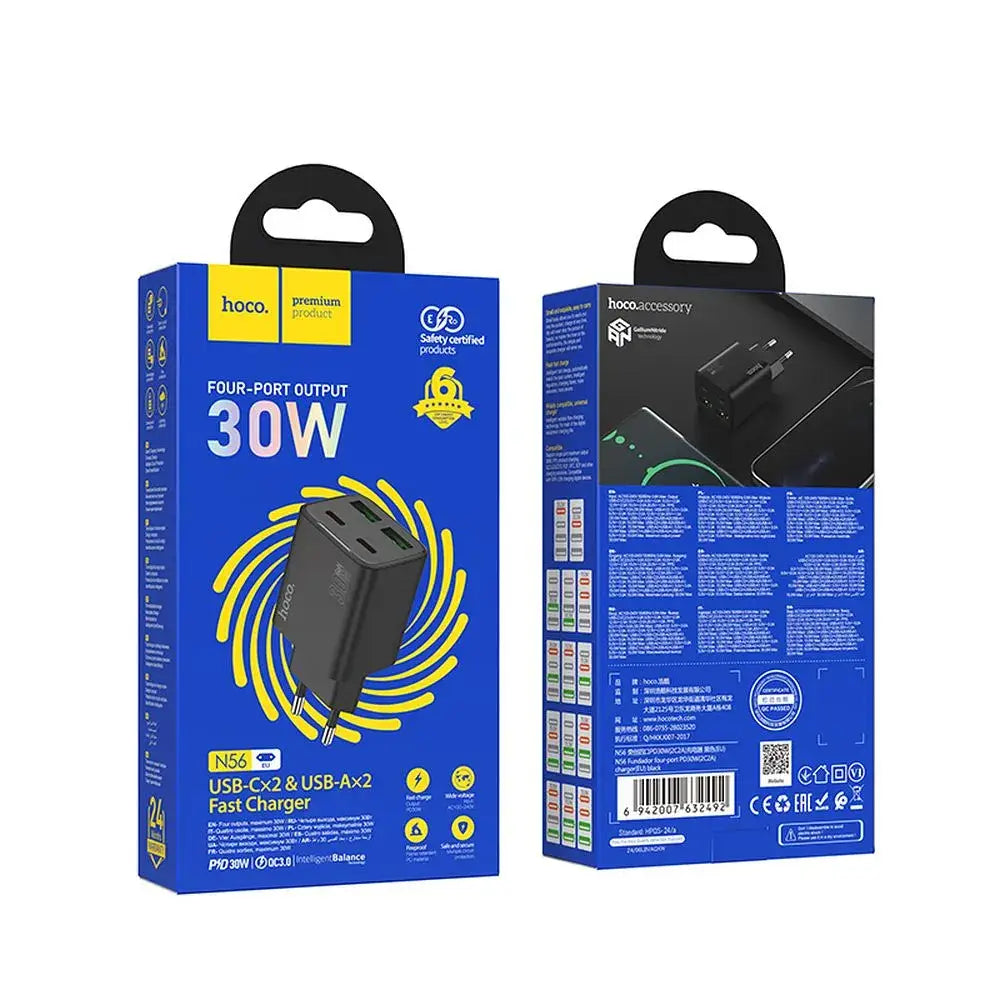 Hoco N56 30W Multiport Ladegerät 2×USB-C + 2×USB-A QC3.0 PD Schwarz - MIZO.at