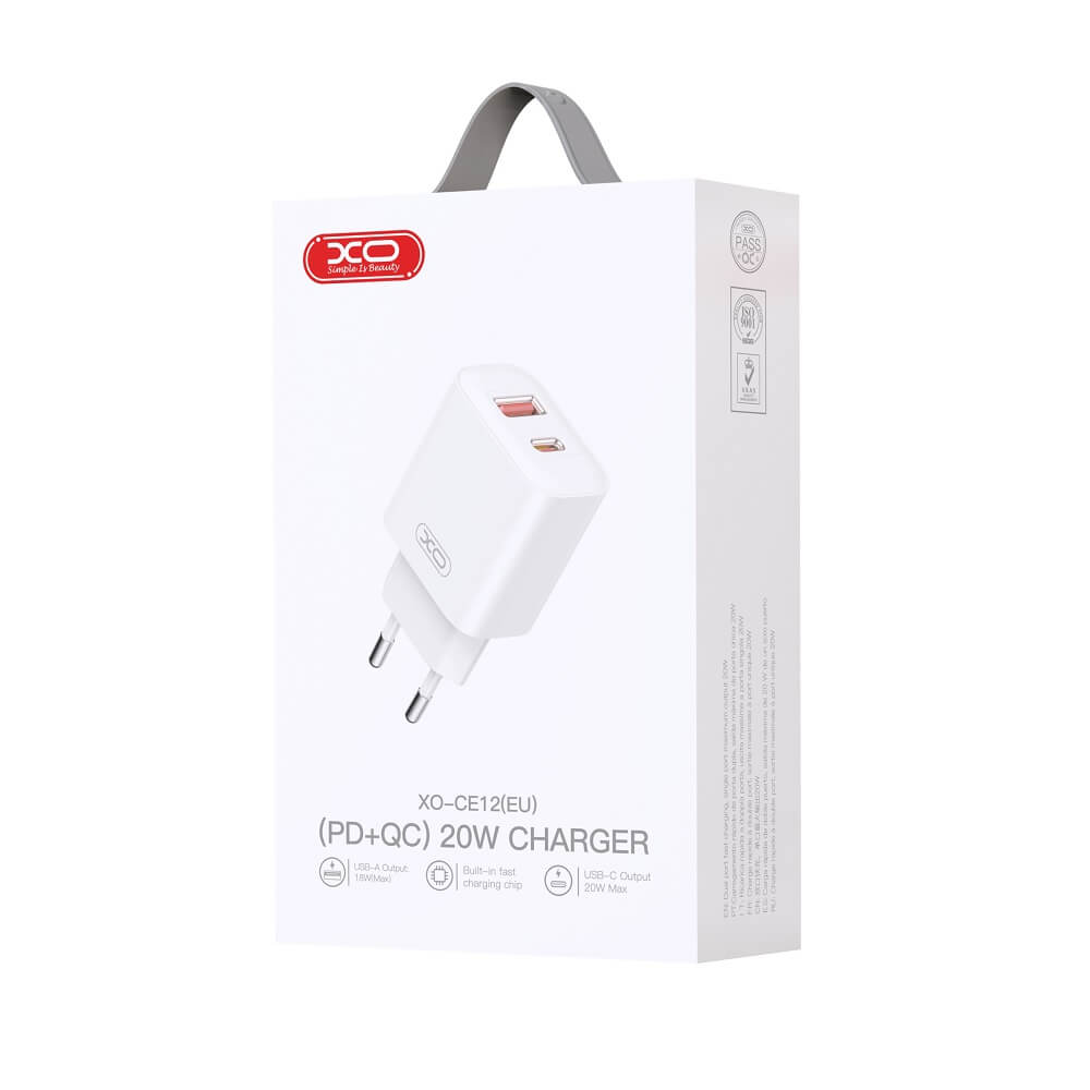 XO CE12 Dual Charger 20W – USB-C PD & USB-A QC 3.0 (Weiß) - MIZO.at