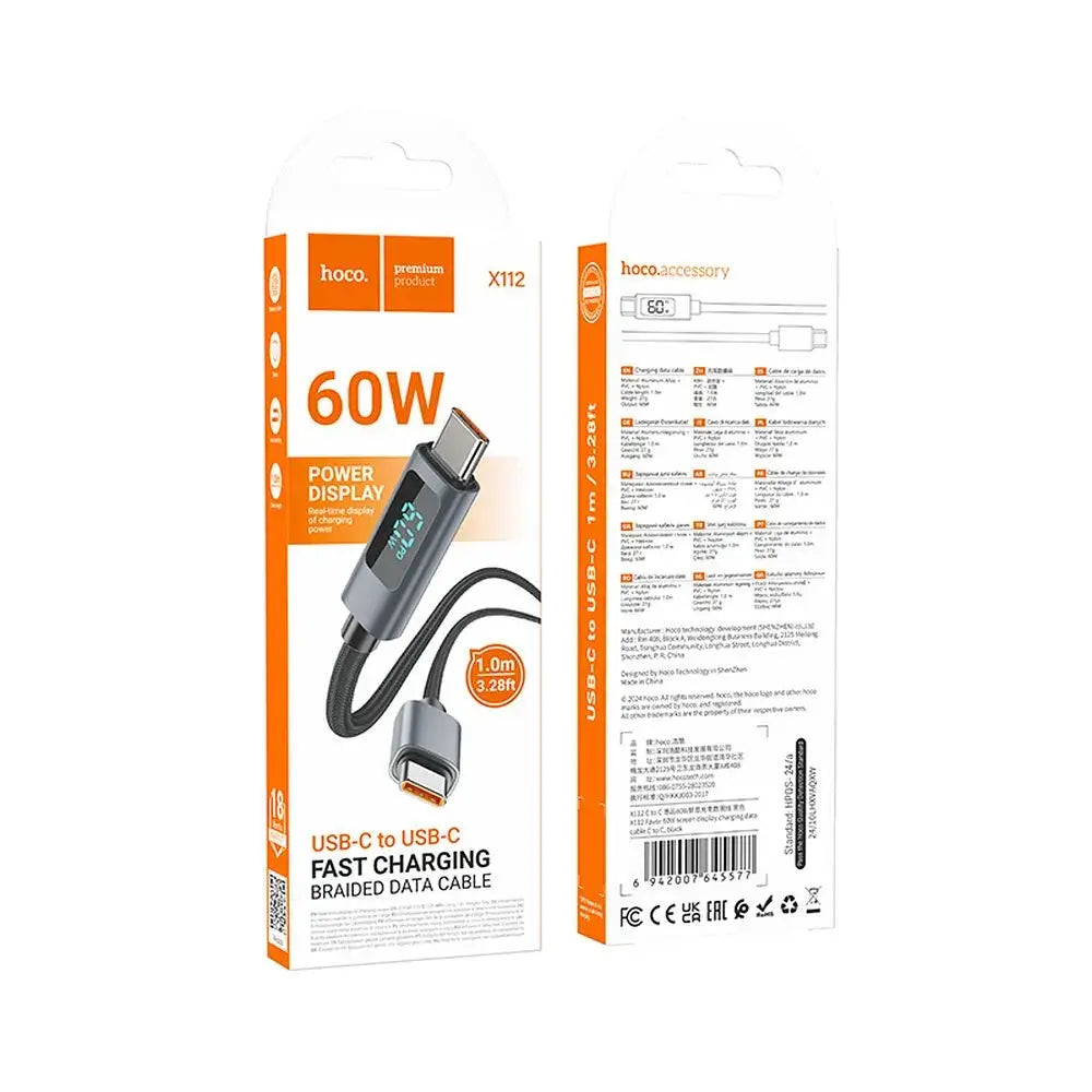 HOCO X112 Ladekabel Type-C auf Type-C 60W mit Watt-Display – 1m - MIZO.at