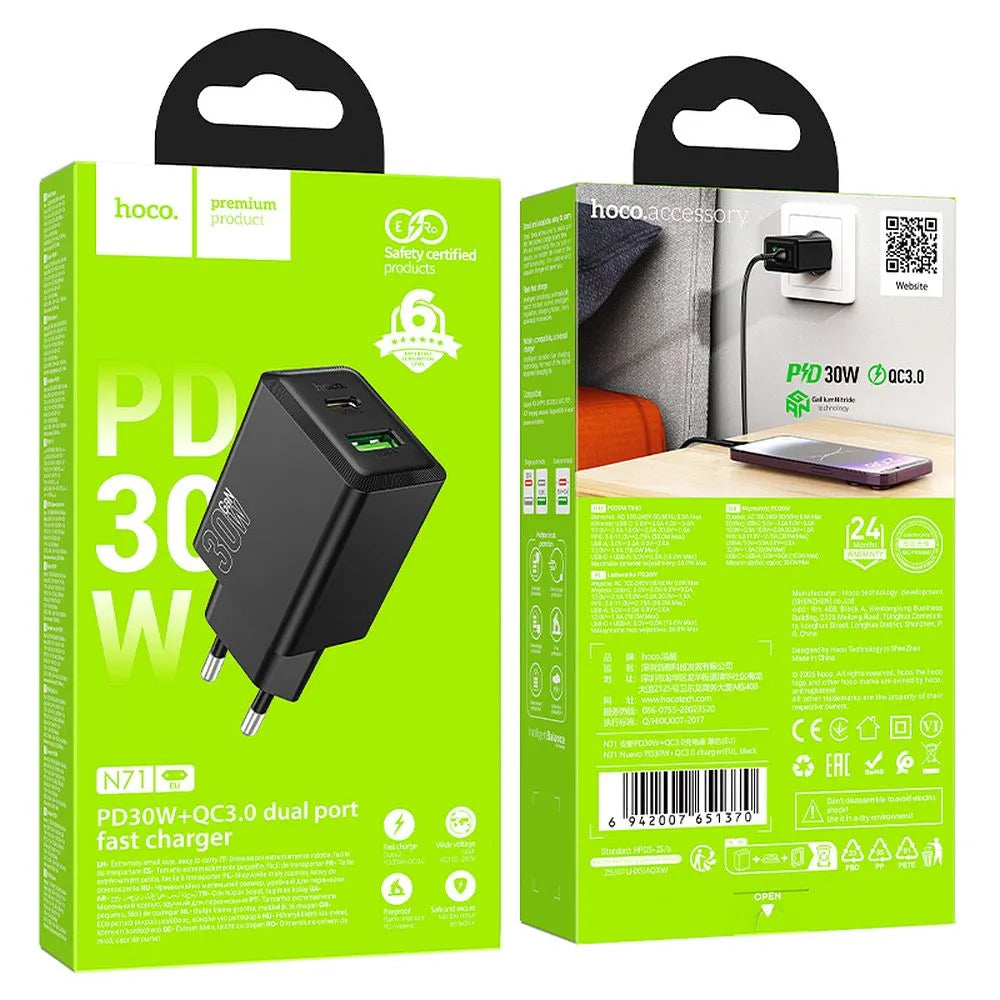 Hoco Ladegerät USB-A + USB-C QC3.0 PD 30W Schwarz N71 - MIZO.at