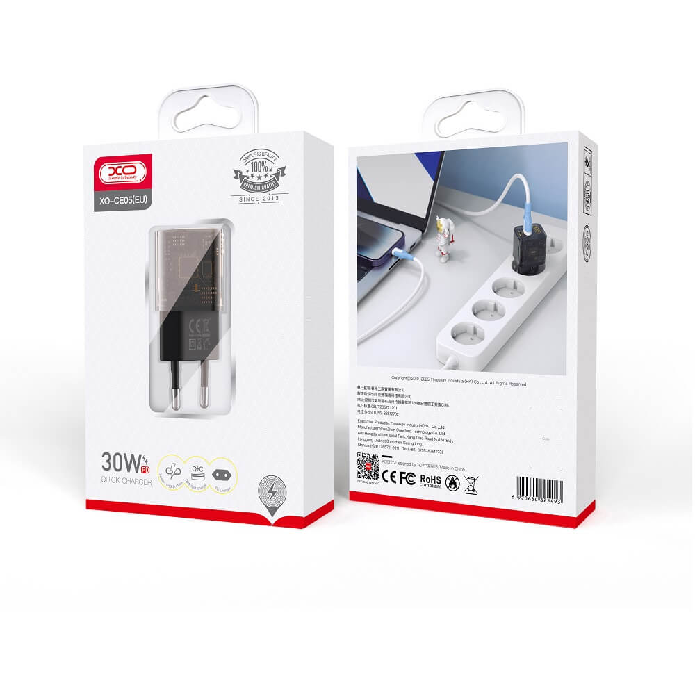 XO CE05 Clear Wall Charger 30W PD + 18W QC – Transparent Braun - MIZO.at