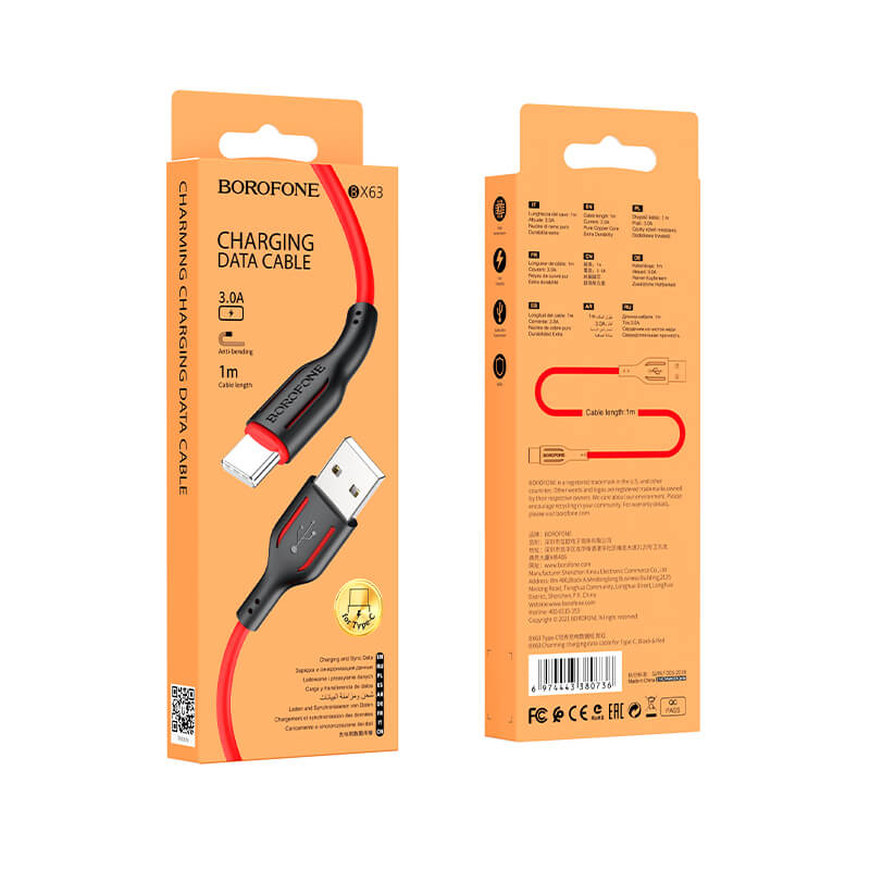 Borofone BX63 Charming Cable | USB-C 3A, 1 m Schwarz/Rot - MIZO.at