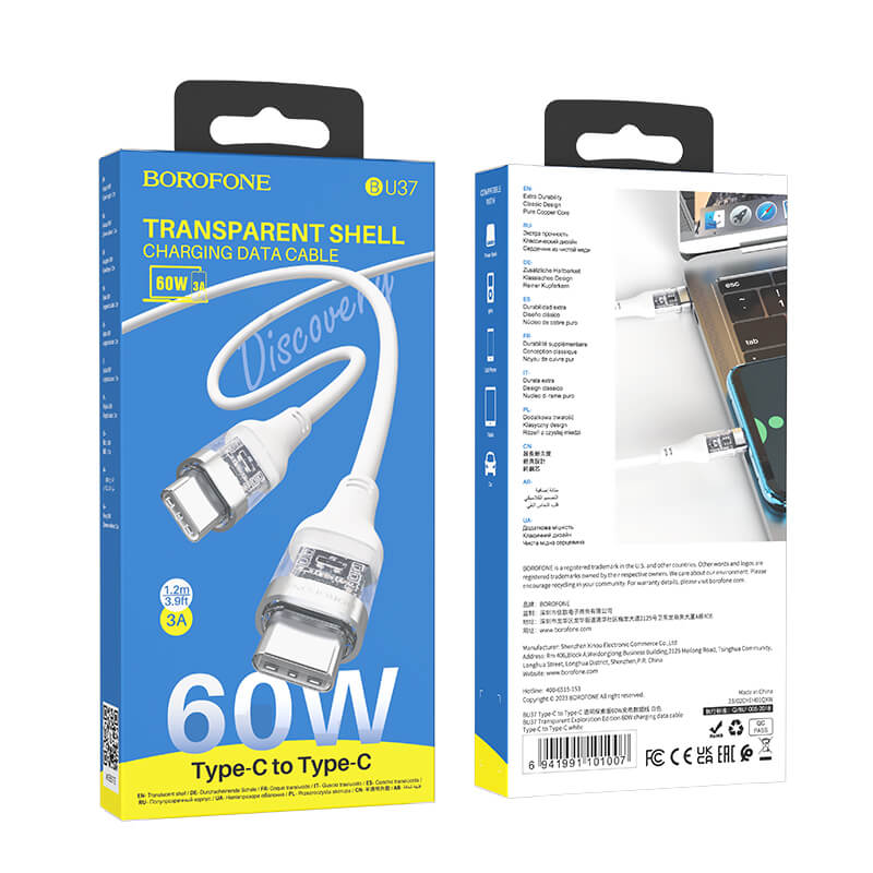 Borofone BU37 Transparent USB-C Cable | PD 60W, 1,2 m - MIZO.at