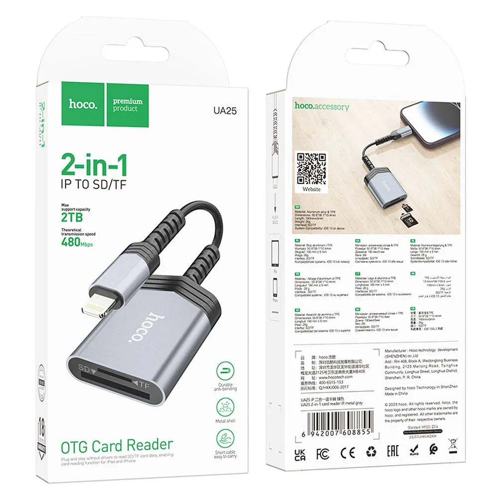 Hoco UA25 Kartenleser SD TF Lightning iPhone Grau - MIZO.at