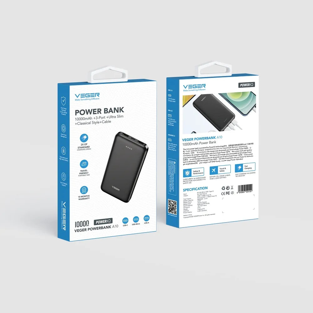 Veger A10 Power Bank 10000mAh – Dual USB Schnellladung - MIZO.at