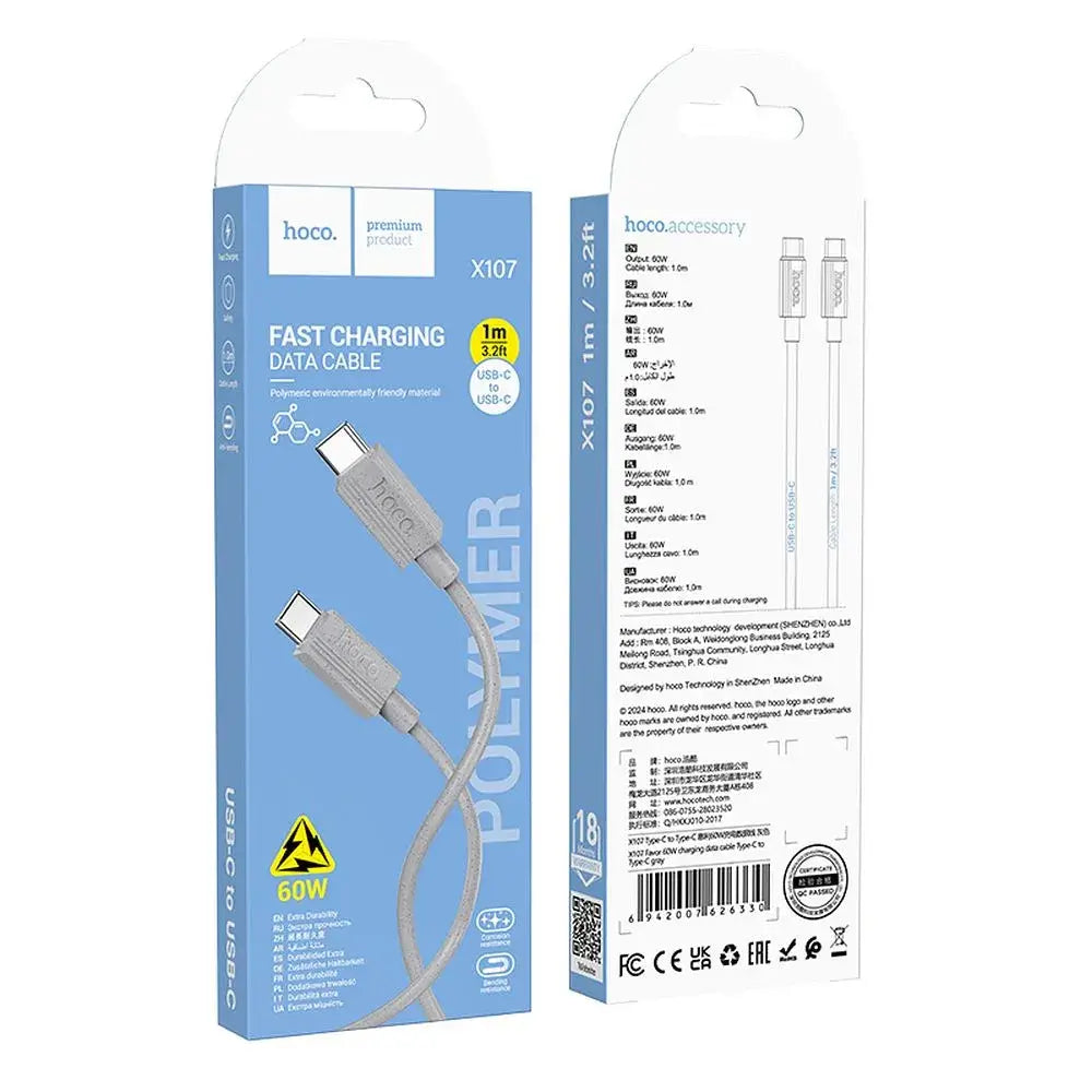 HOCO X107 USB-C zu USB-C Kabel 60W – 1m Geflochtenes Fast Charging Kabel Grau - MIZO.at