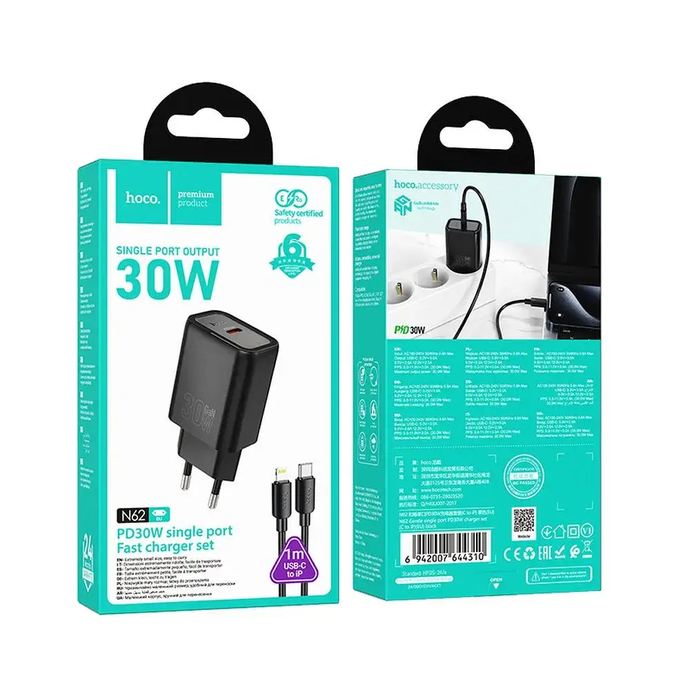 Hoco N62 USB-C QC PD 30W Ladegerät + USB-C auf Lightning Kabel Schwarz - MIZO.at