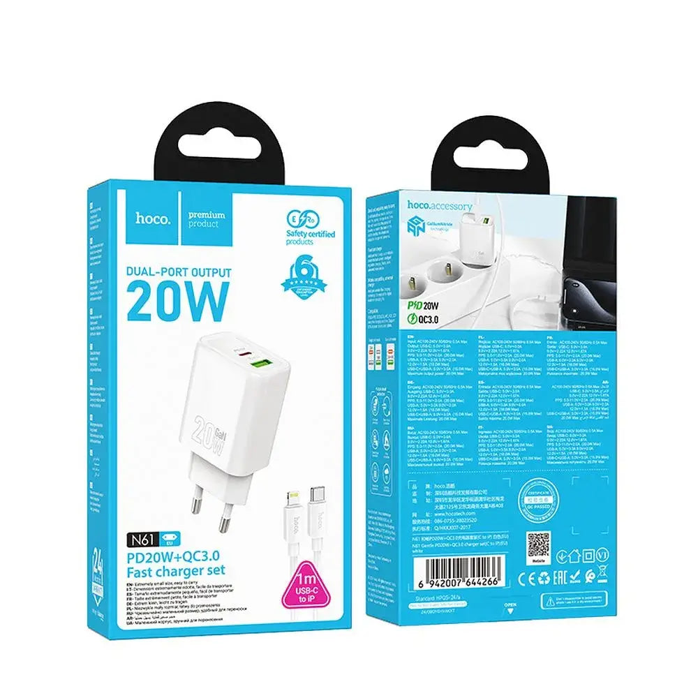 Hoco N61 20W Ladegerät USB-A + USB-C + USB-C/Lightning Kabel Weiß - MIZO.at
