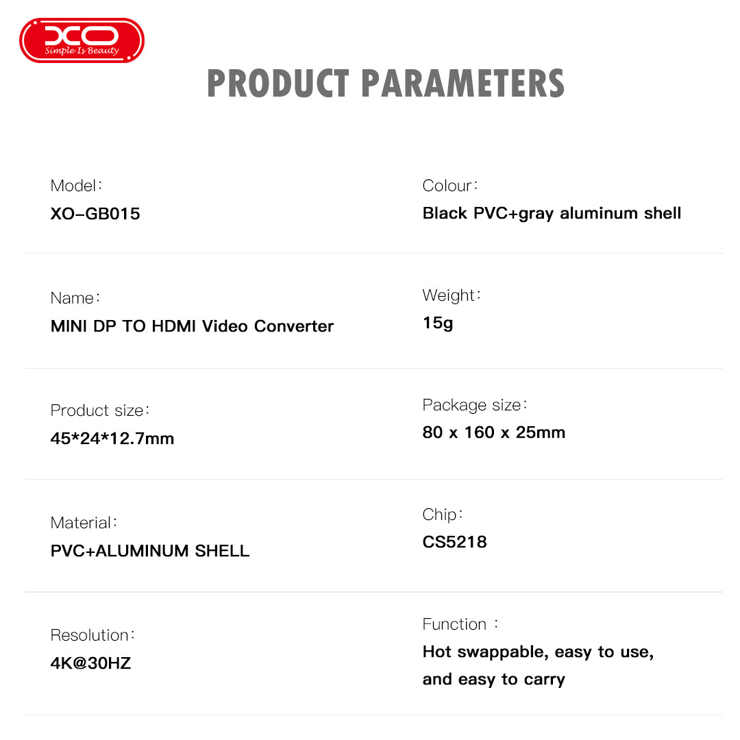 XO GB015 Mini DisplayPort to HDMI Adapter | 4K Gray - MIZO.at