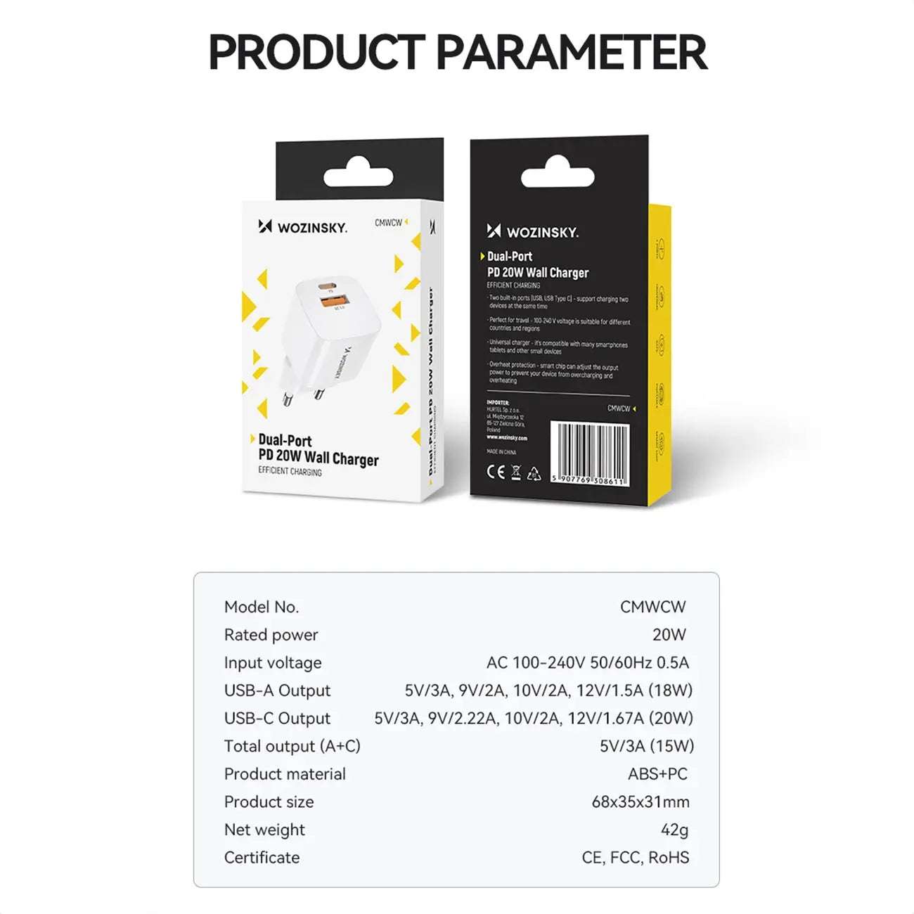 Wozinsky CMWCW 20W USB-C/USB-A Wall Charger – White