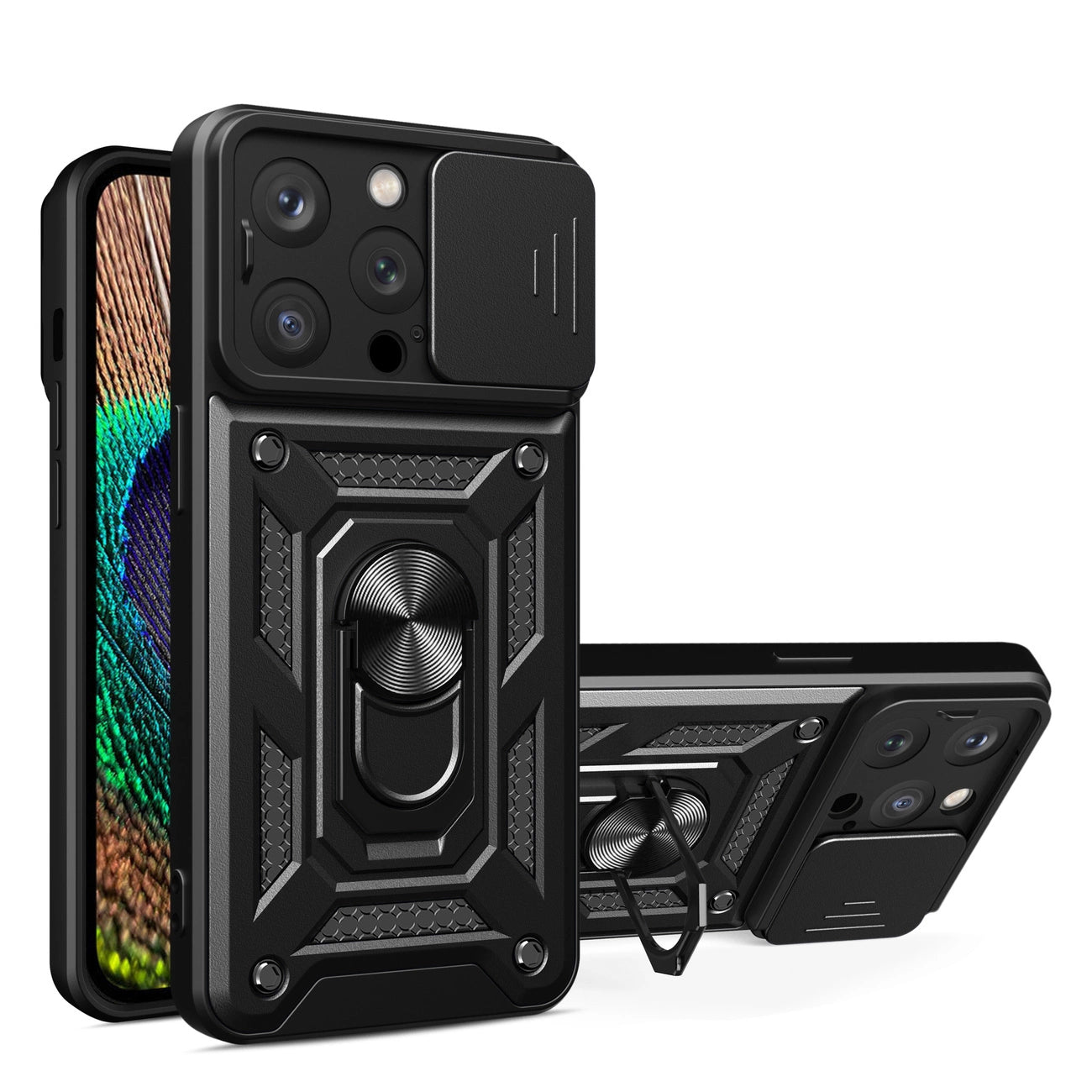 iPhone 15 Pro Hybrid Armor Camshield Case | Black with Camera Cover - MIZO.at