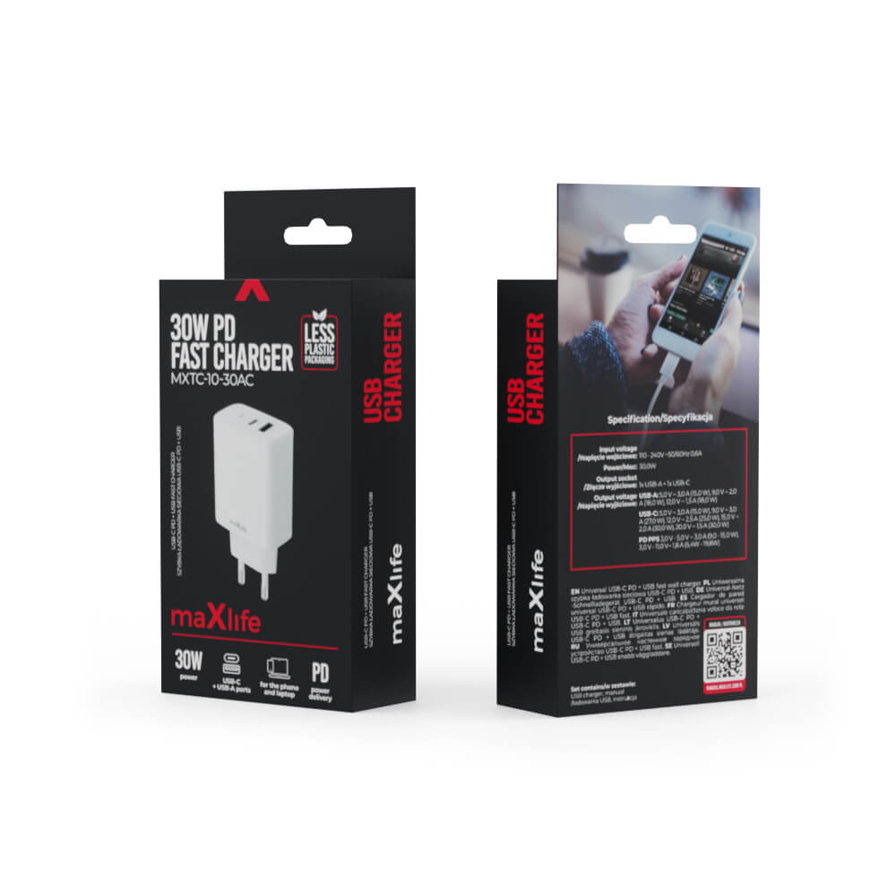 Maxlife MXTC-10-30AC Charger | 30W PD QC USB-C + USB-A White - MIZO.at