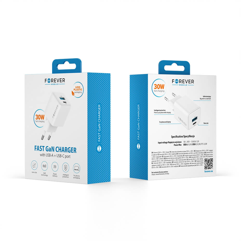Forever TC-08 GaN Charger | 30W PD QC USB-C + USB-A White - MIZO.at