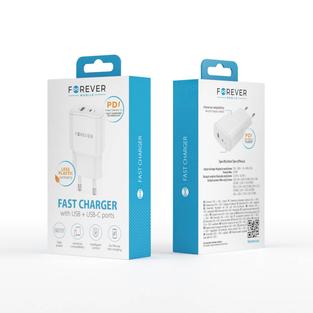 Forever TC-01 Wall Charger | 20W USB & USB-C White - MIZO.at