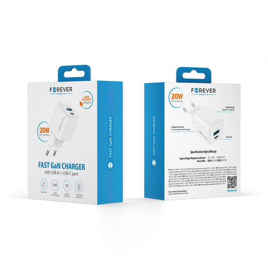 Forever TC-08 GaN Schnellladegerät 20W – Dual Port Netzteil (USB-C PD & USB-A) - MIZO.at