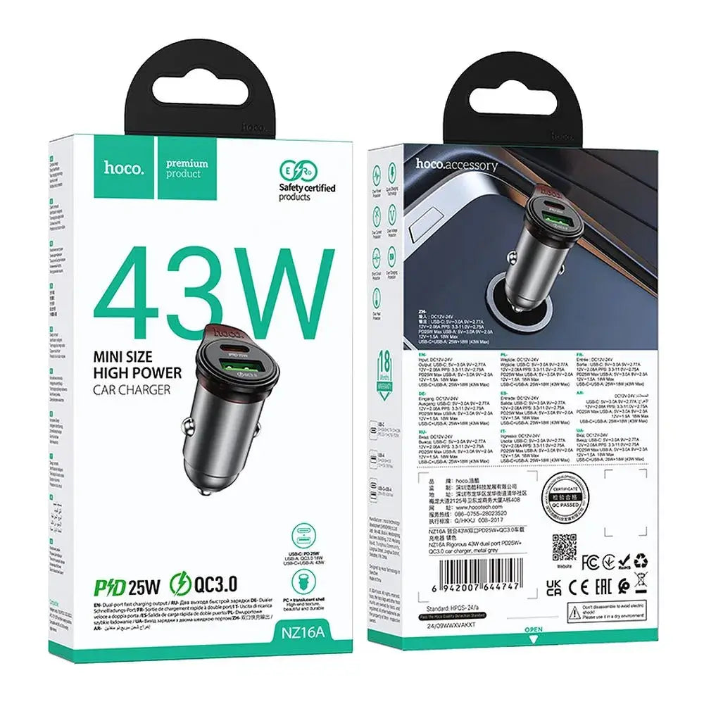 Hoco Auto-Ladegerät USB-A + USB-C QC3.0 PD 43W Grau - MIZO.at