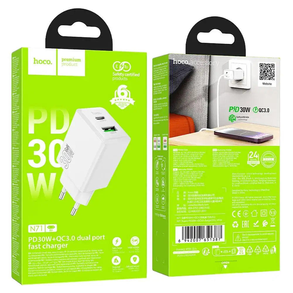 Hoco Ladegerät USB-A + USB-C QC3.0 PD 30W Weiß N71 - MIZO.at