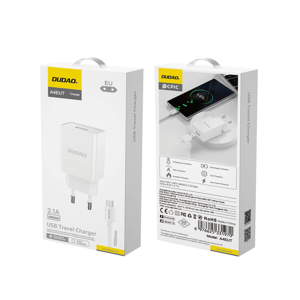 Dudao A4EU 2.1A USB-A Ladegerät Weiß + USB-A auf USB-C Kabel - MIZO.at