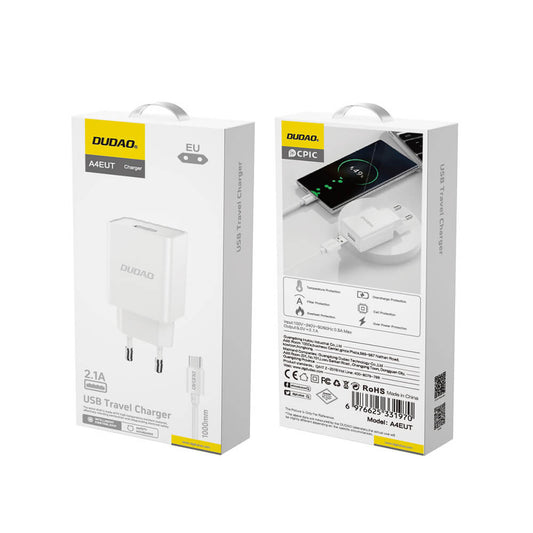 Dudao A4EU 2.1A USB-A Ladegerät Weiß + USB-A auf USB-C Kabel - MIZO.at
