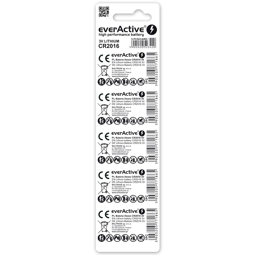 5er Pack everActive CR2016 Lithium Knopfzellen 3 V - MIZO.at
