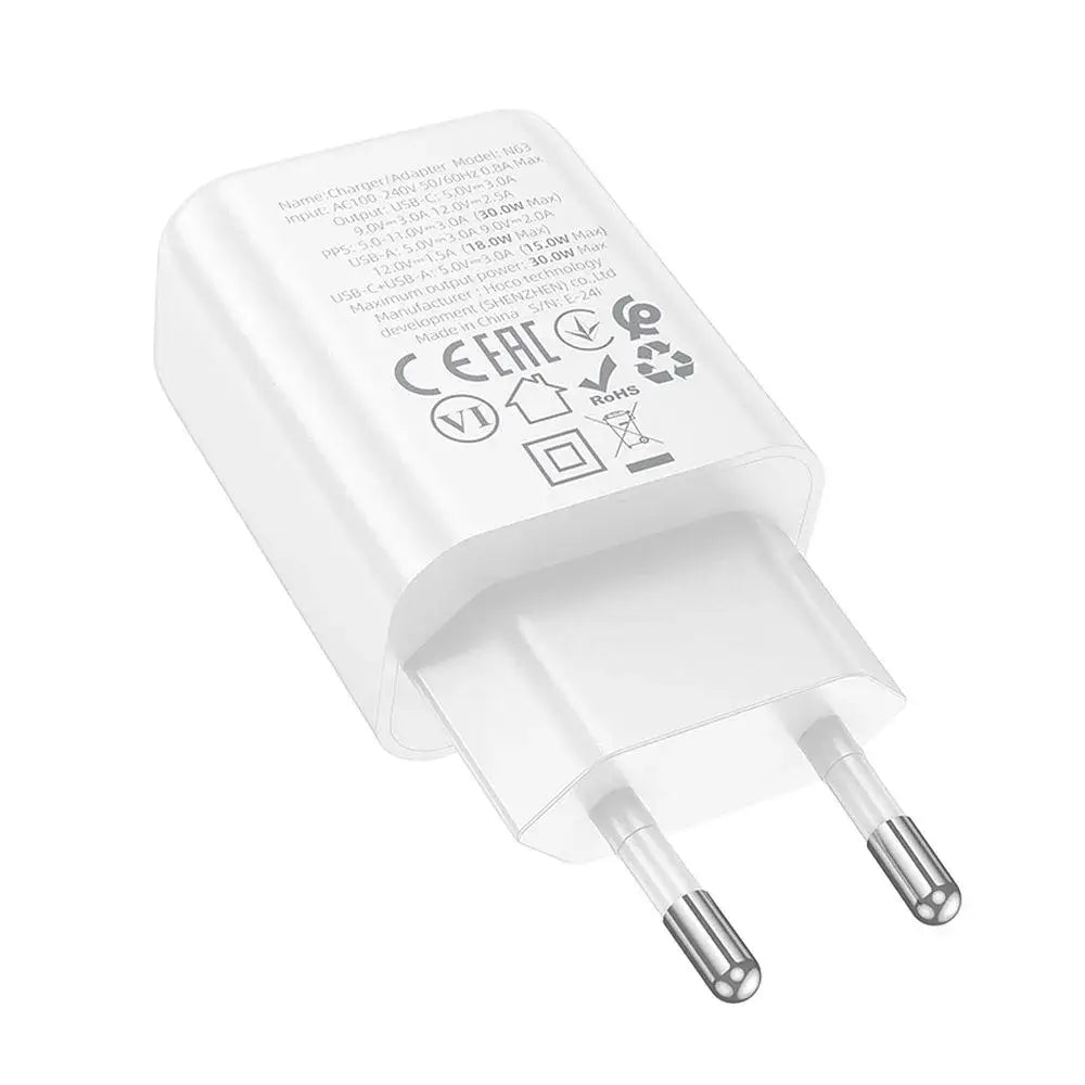 HOCO Wall Charger USB A + Type C PD QC3.0 3A 30W N63 White - MIZO.at