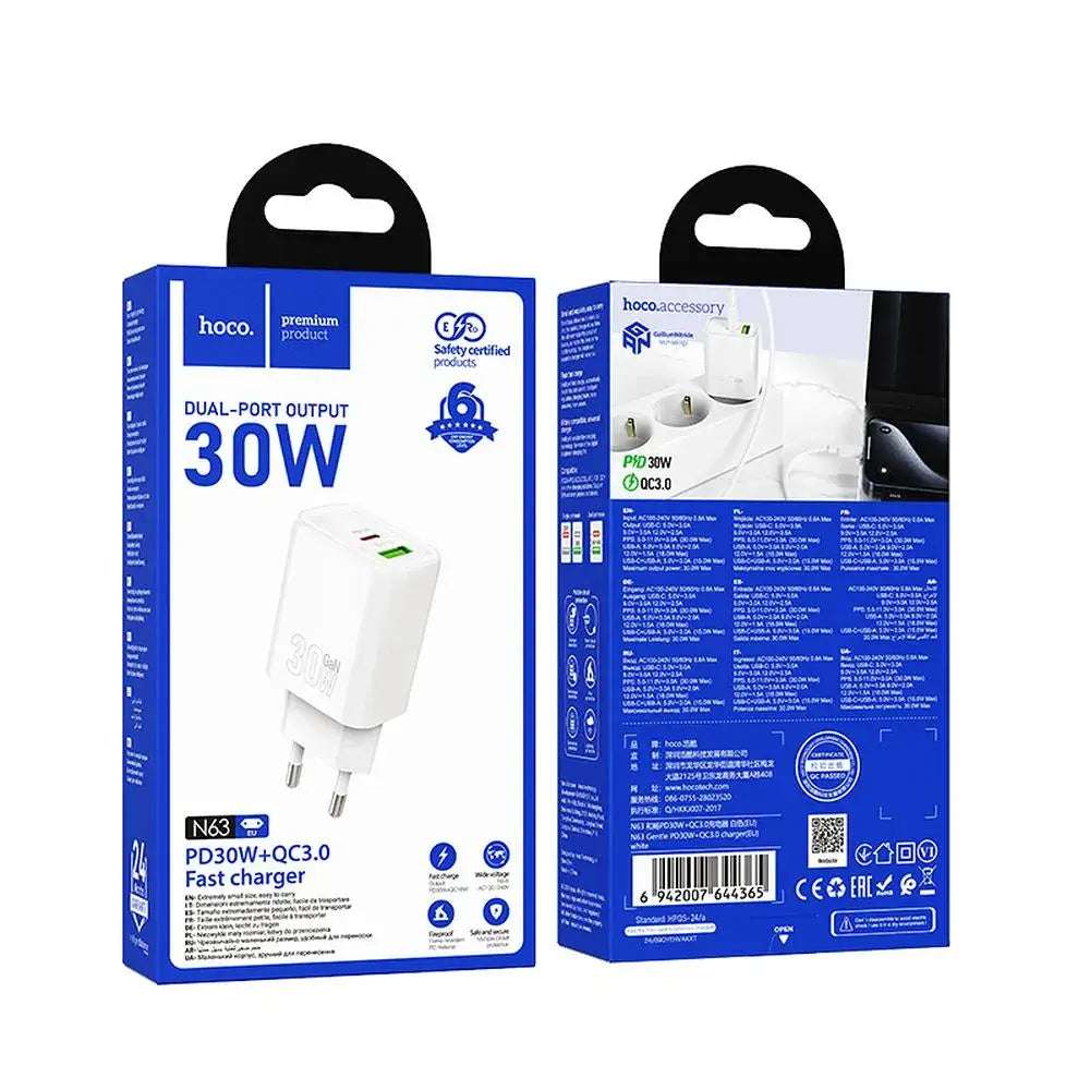 HOCO Wall Charger USB A + Type C PD QC3.0 3A 30W N63 White - MIZO.at