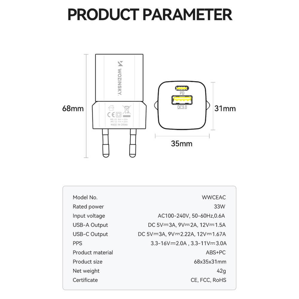 Wozinsky WWCEAC 33W GaN Ladegerät USB-A + USB-C Weiß - MIZO.at