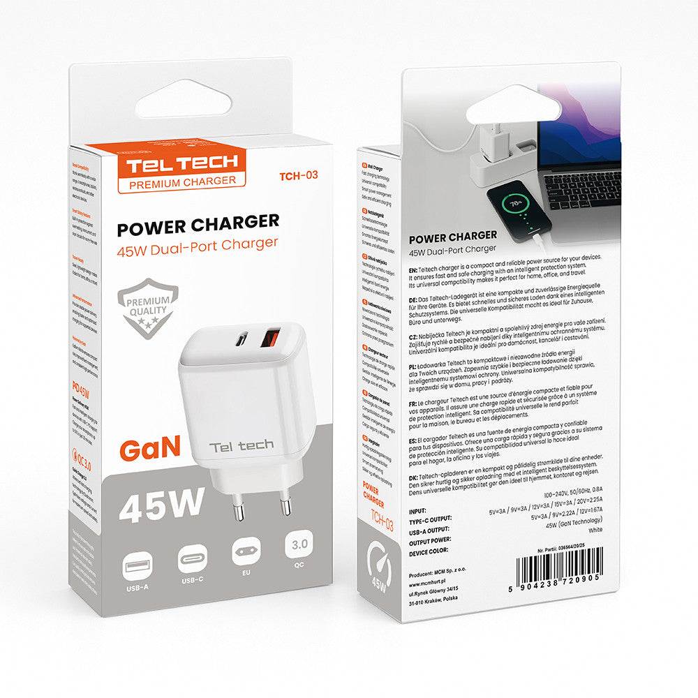 Teltech GaN Netzladegerät USB-C 45W PD PPS Weiß - MIZO.at