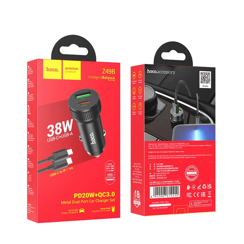 Hoco Car Charger 20W PD + QC 18W | Type-C & USB-A | Black - MIZO.at