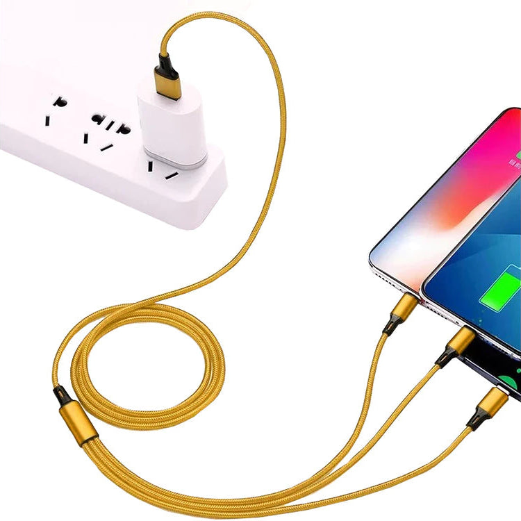 3in1 USB-Ladekabel Nylon 1,2 m – Lightning/Micro-USB/Type-C Gold - MIZO.at