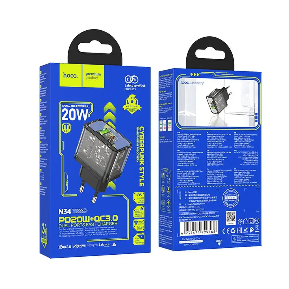 Hoco N34 20W Dual Ladegerät USB-A + USB-C QC3.0 PD Transparent - MIZO.at