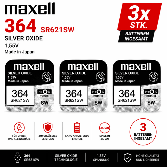Maxell 364 SR621SW Silberoxid Knopfzelle Batterie 1,55V – 3 Stk. - MIZO.at