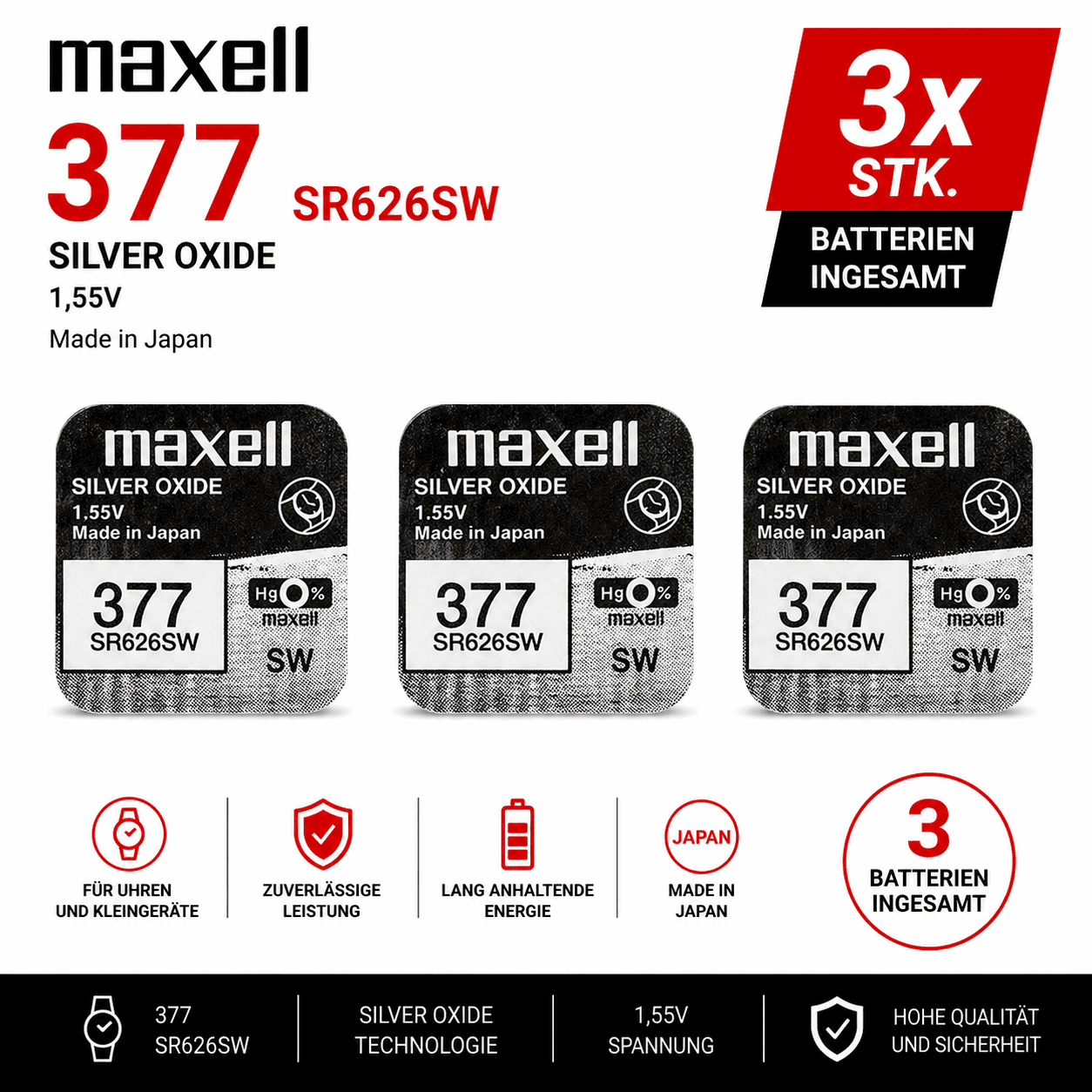 Maxell 377 SR626SW Silberoxid-Uhrenbatterie 3 Stk. 1,55V - MIZO.at