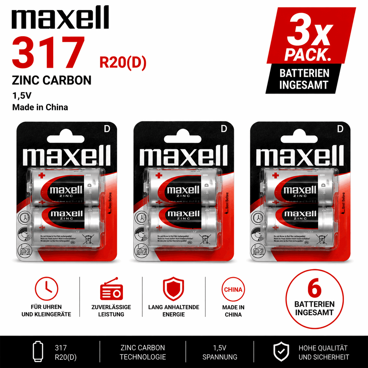 Maxell D R20 Zink-Kohle Batterie 1,5V 3x 2er Pack