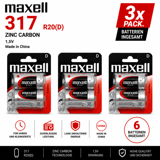 Maxell D R20 Zink-Kohle Batterie 1,5V 3x 2er Pack