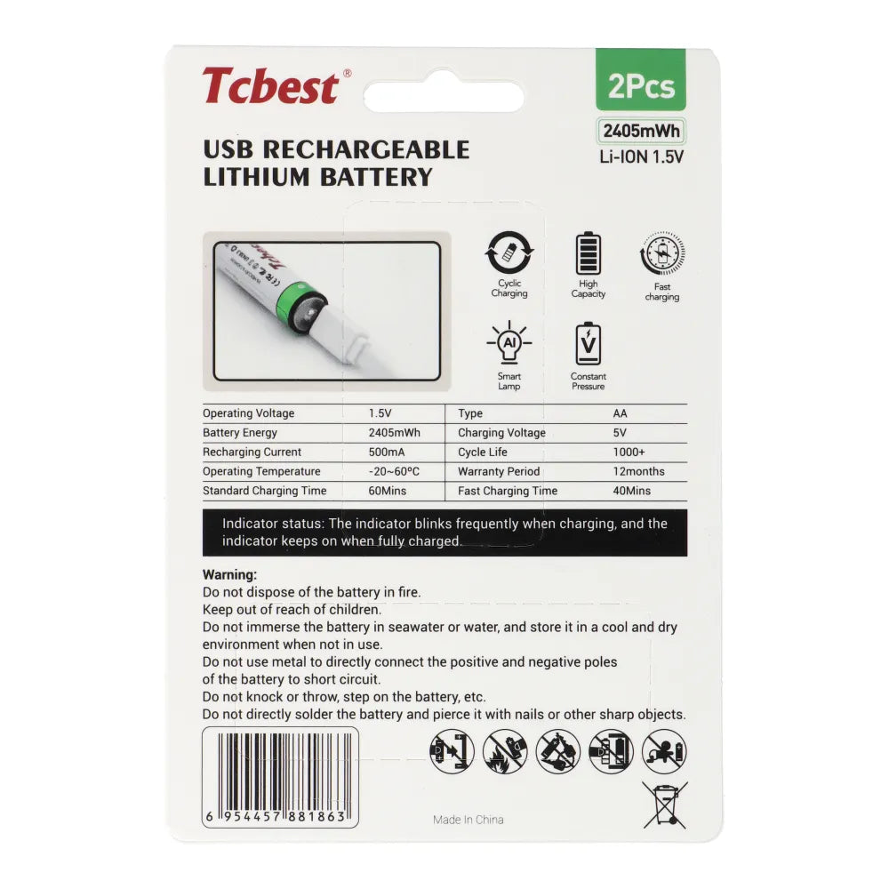 TCBest Wiederaufladbar AA Batterie 1600mAh USB-C 2er - MIZO.at