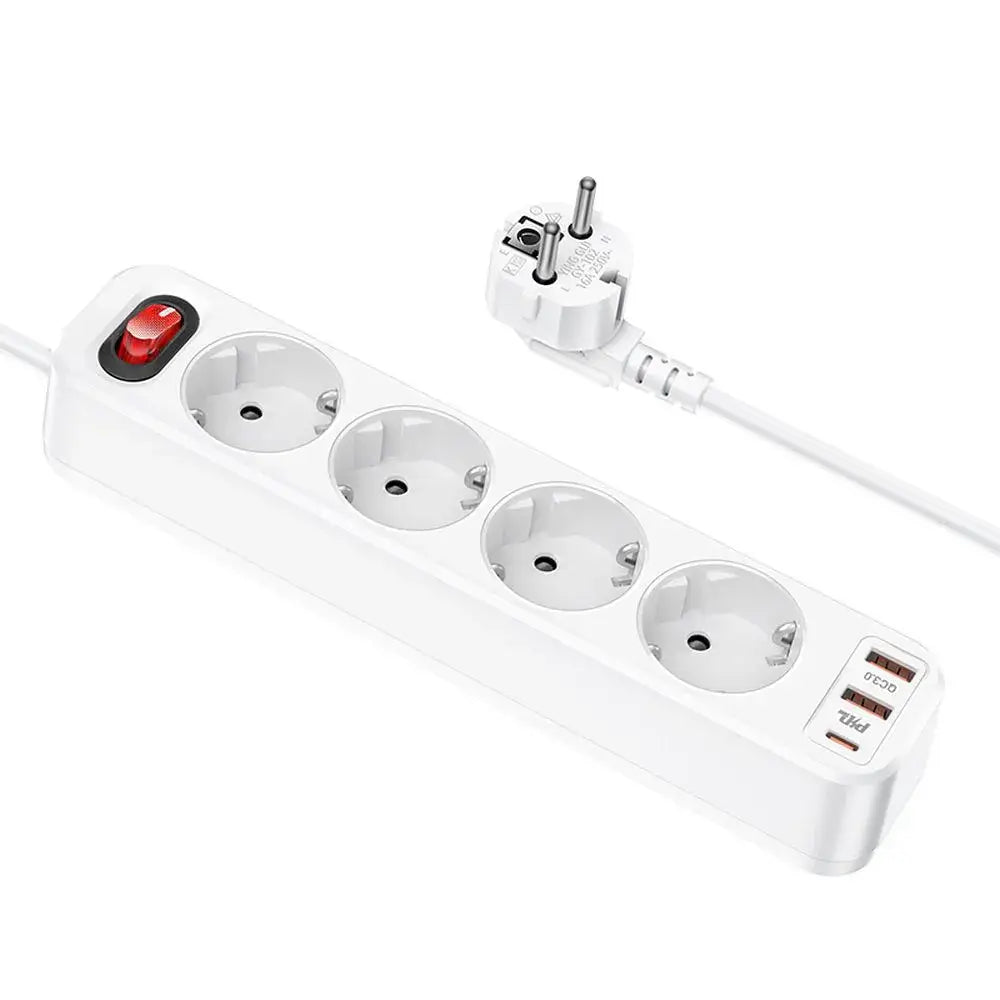 Hoco Steckerleiste 1,8m 4 Steckdosen 2x USB-A USB-C QC PD Weiß - MIZO.at