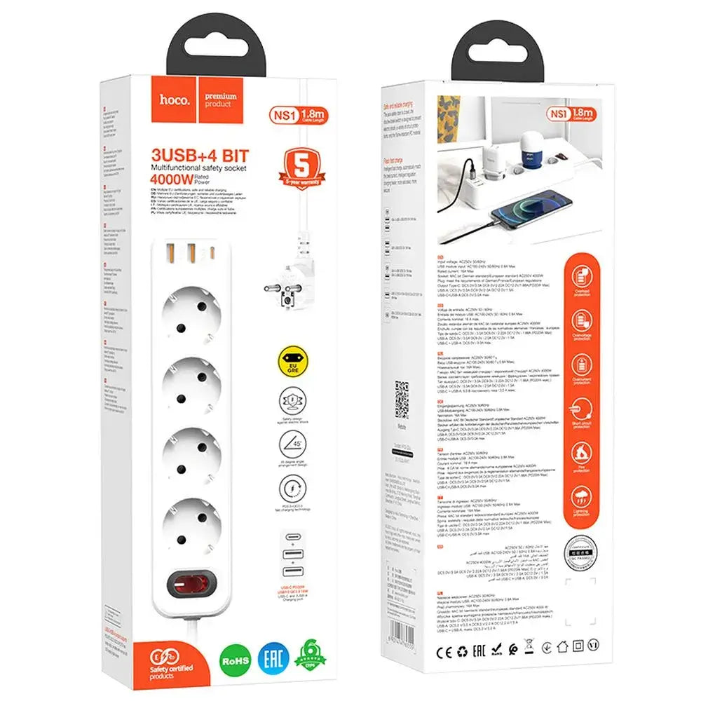 Hoco Steckerleiste 1,8m 4 Steckdosen 2x USB-A USB-C QC PD Weiß - MIZO.at