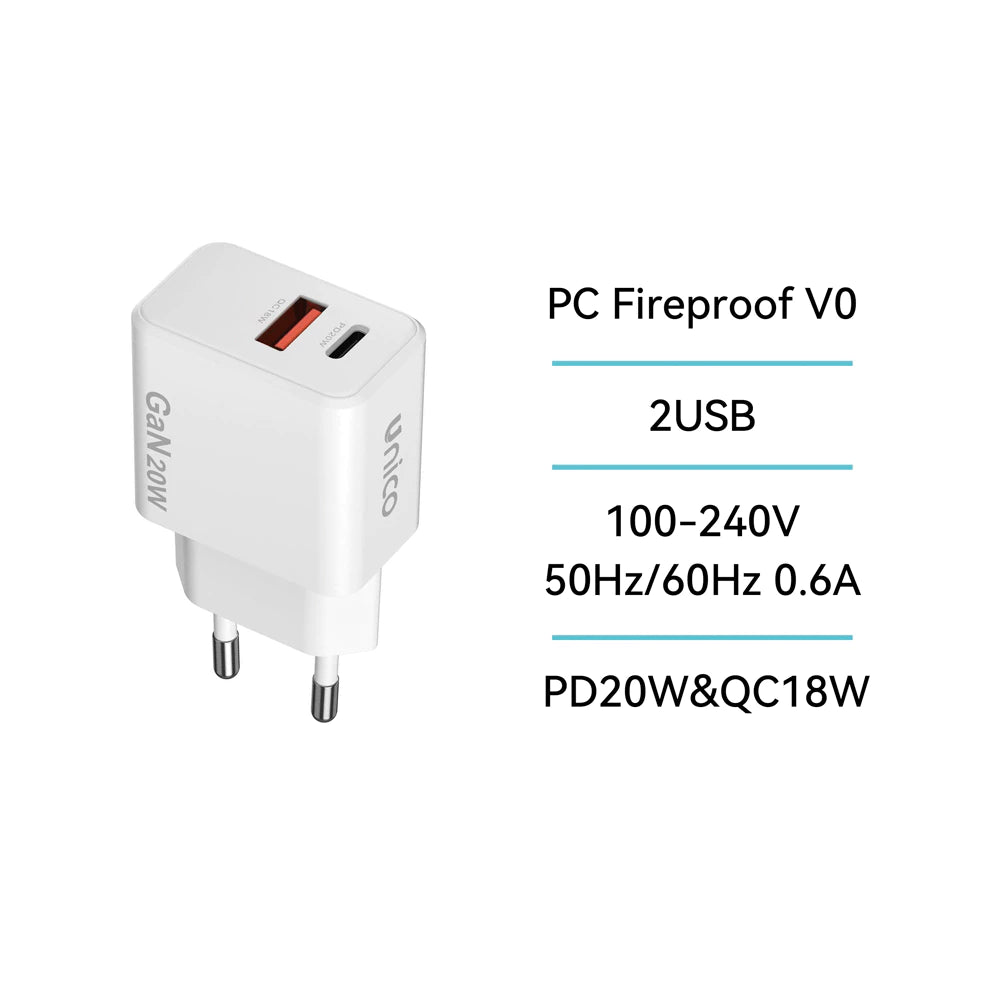 HC2343 Dual USB-A & USB-C PD 20W GaN Ladegerät Weiß - MIZO.at