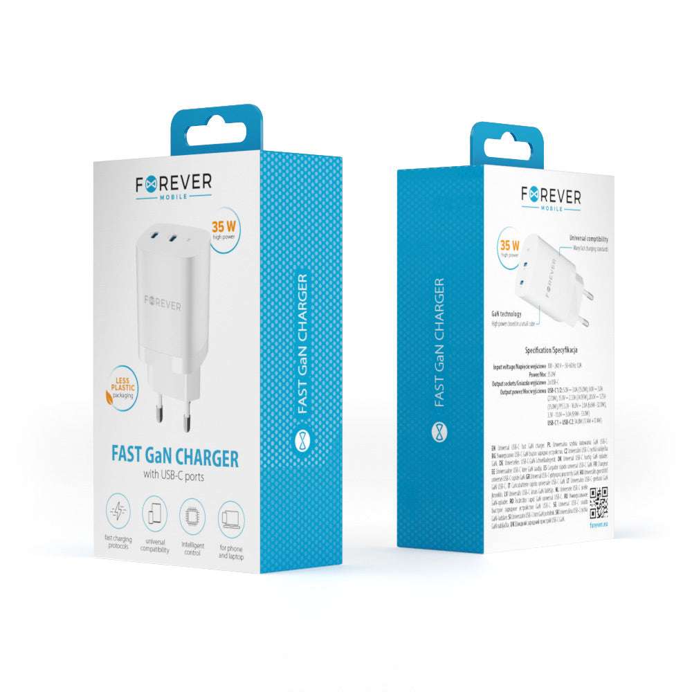 Forever 35W GaN USB-C Charger | Dual Port PD/QC White - MIZO.at