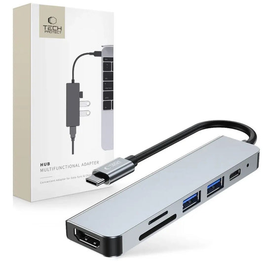 Tech-Protect V4 6in1 USB-C Hub HDMI 4K Kartenleser 3x USB 3.0 Grau - MIZO.at