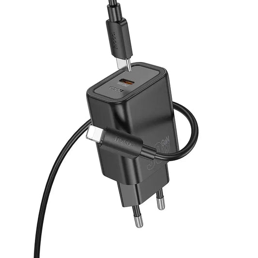 Hoco N62 USB-C QC PD 30W Ladegerät + USB-C auf Lightning Kabel Schwarz - MIZO.at