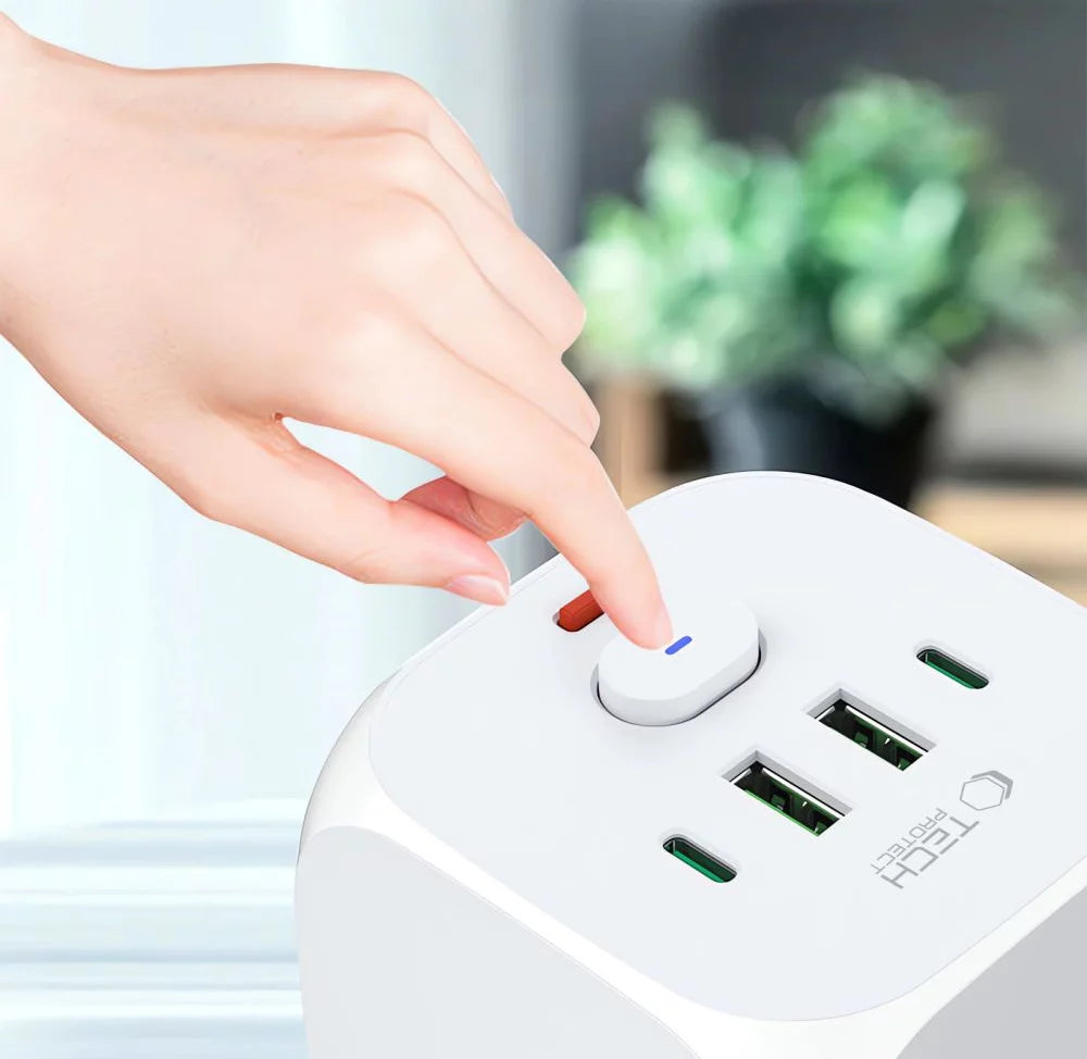 Tech-Protect PCL3X4 Power Socket | 3 Outlets, USB & Type-C, White - MIZO.at