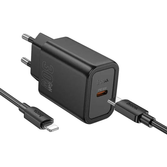 Hoco N62 USB-C QC PD 30W Ladegerät + USB-C auf Lightning Kabel Schwarz - MIZO.at