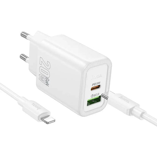 Hoco N61 20W Ladegerät USB-A + USB-C + USB-C/Lightning Kabel Weiß - MIZO.at